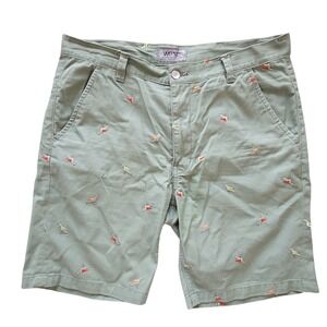 WESC Rai Chino Shorts Mens 34 Sage Green Embroidered Bird Pattern Cotton Preppy